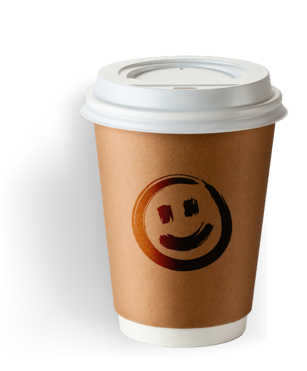 coffee cup graphic with smiling face drawn on it